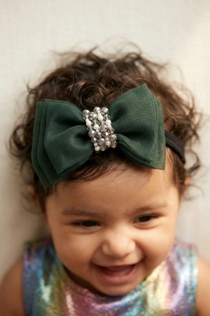 Adjustable Bow Hair Band with Pearls & Silver Crystals for Girls & Kids - Green - Choko