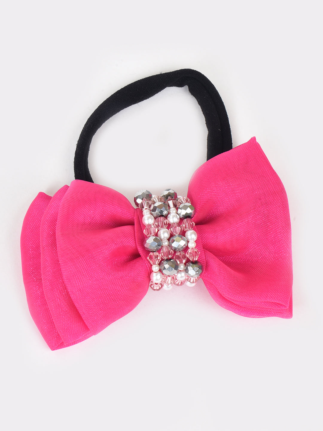 Adjustable Bow Hair Band with Pearls & Silver Crystals for Girls & Kids - Pink - Choko