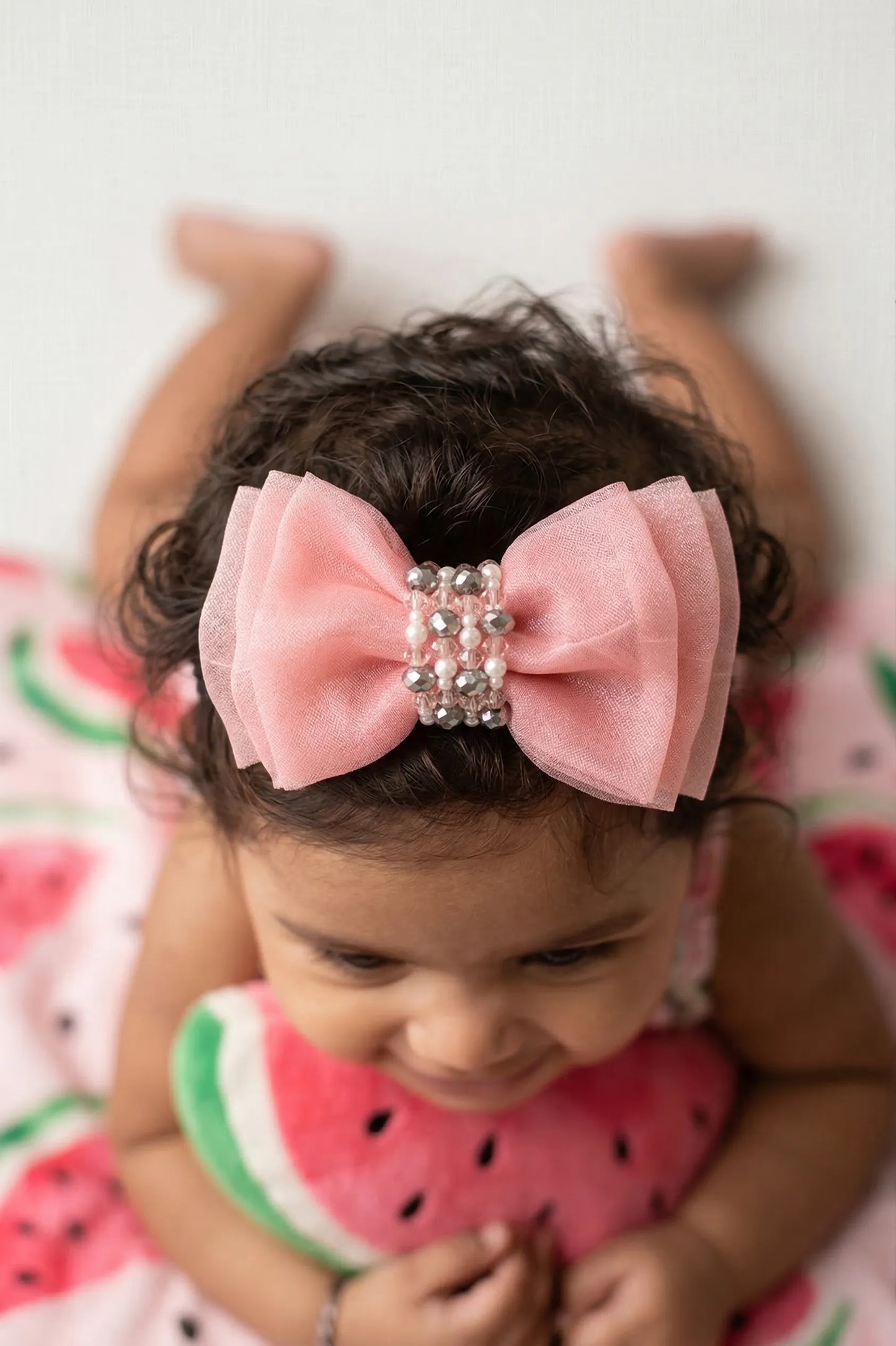 Adjustable Bow Hair Band with Pearls & Silver Crystals for Girls & Kids - Peach - Choko