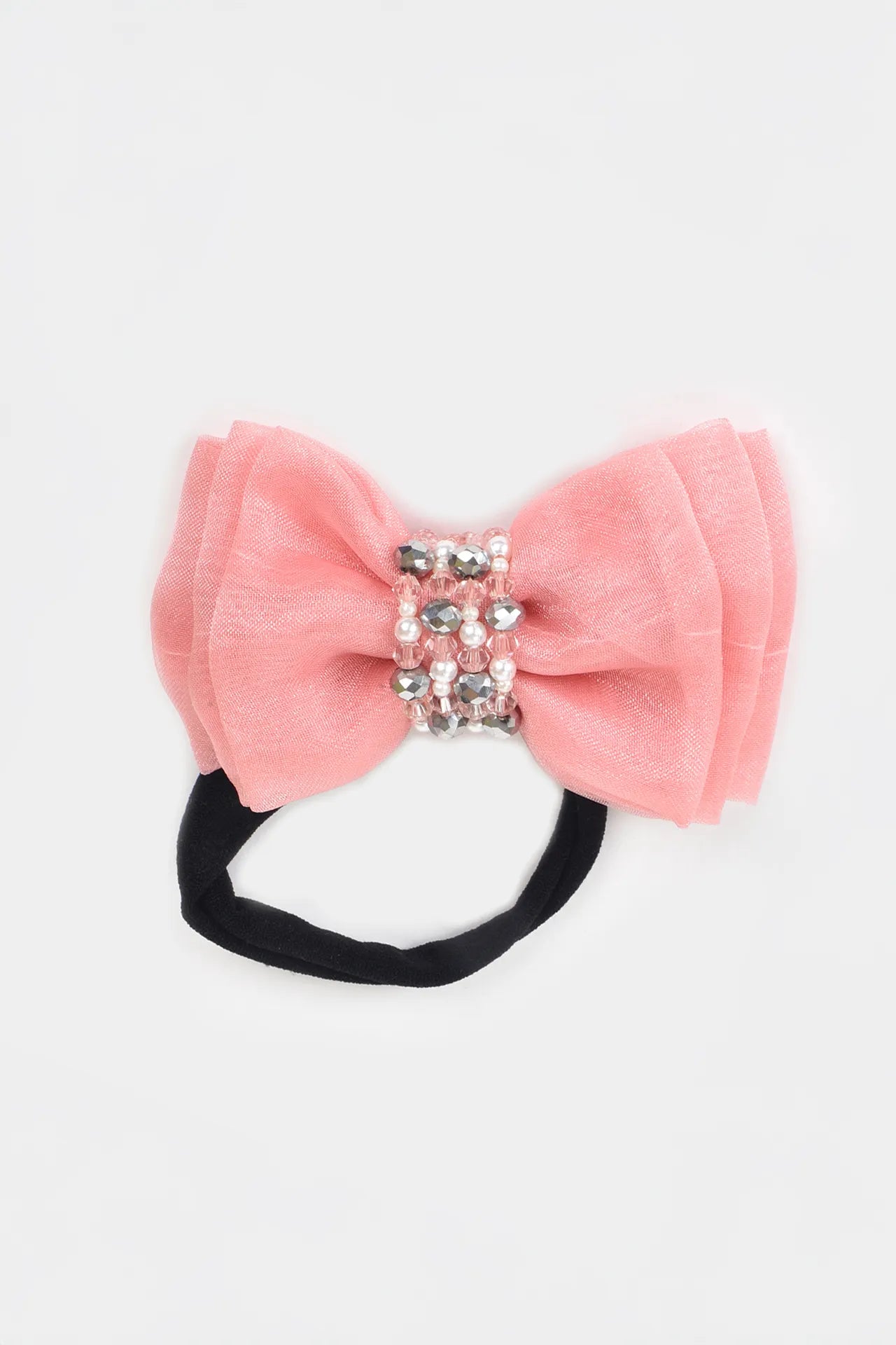 Adjustable Bow Hair Band with Pearls & Silver Crystals for Girls & Kids - Peach - Choko