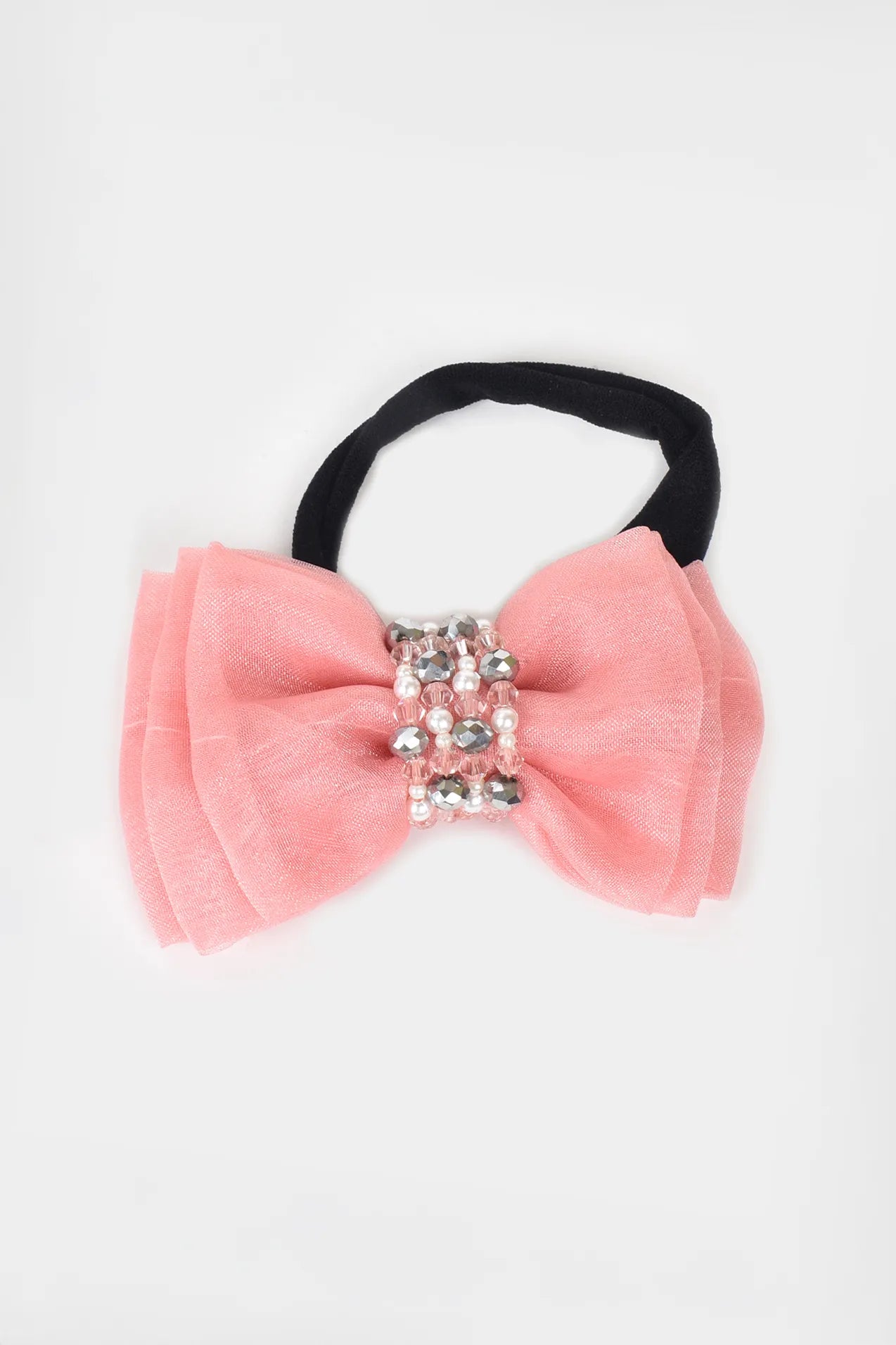 Adjustable Bow Hair Band with Pearls & Silver Crystals for Girls & Kids - Peach - Choko