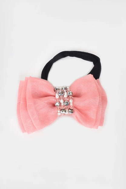 Adjustable Bow Hair Band with Pearls & Silver Crystals for Girls & Kids - Peach - Choko