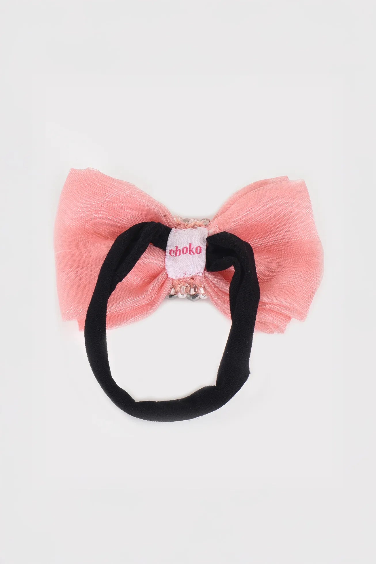 Adjustable Bow Hair Band with Pearls & Silver Crystals for Girls & Kids - Peach - Choko