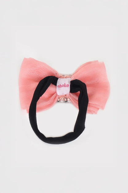 Adjustable Bow Hair Band with Pearls & Silver Crystals for Girls & Kids - Peach - Choko