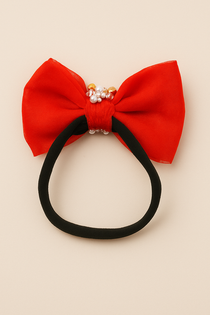 Adjustable Bow Hair Band with Pearls & Silver Crystals for Babies - Red - Choko