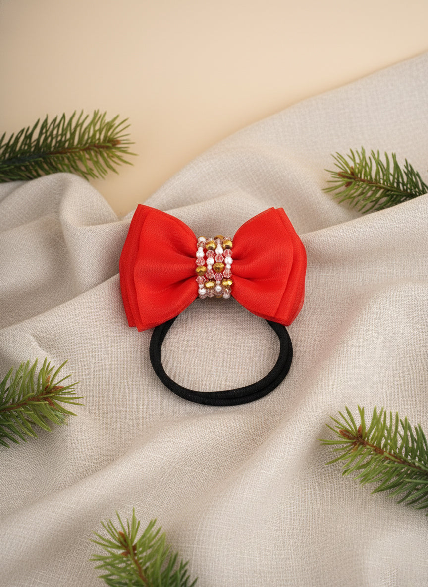 Adjustable Bow Hair Band with Pearls & Silver Crystals for Babies - Red - Choko