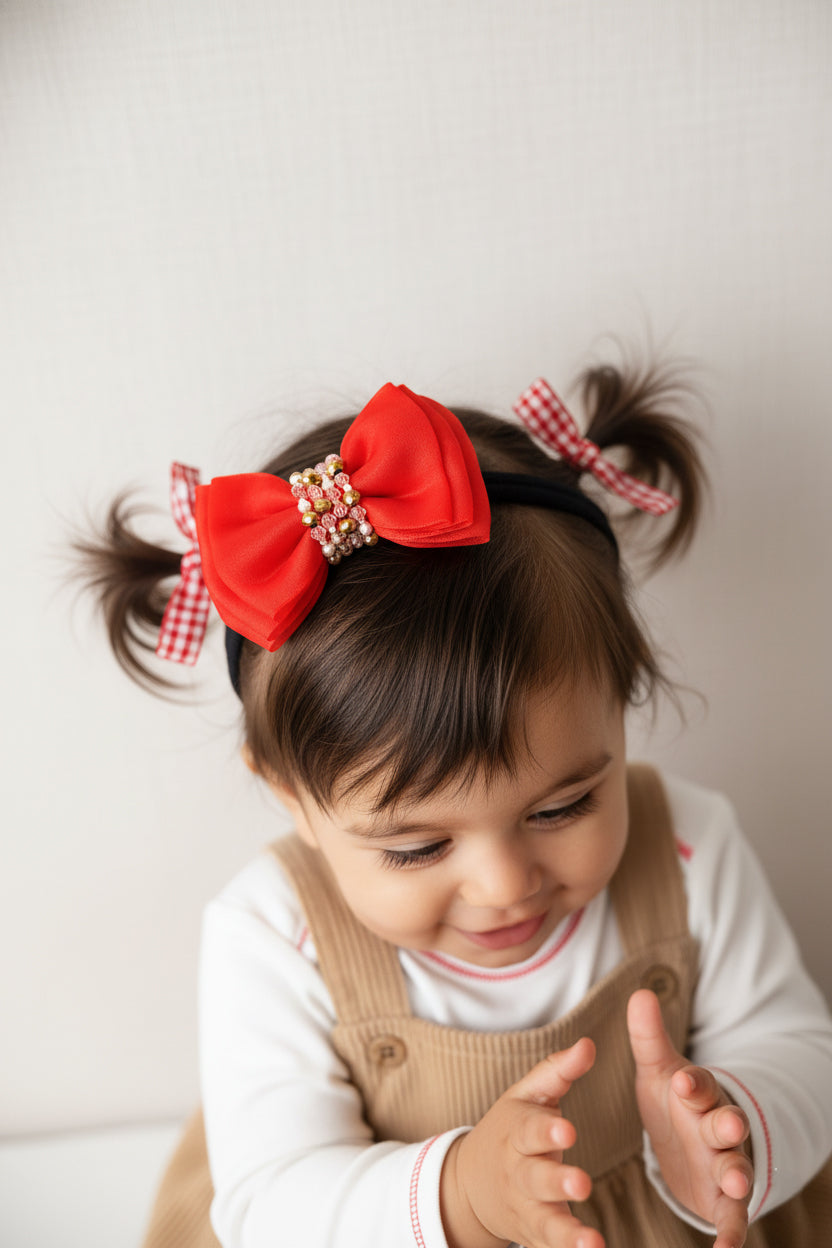 Adjustable Bow Hair Band with Pearls & Silver Crystals for Babies - Red - Choko