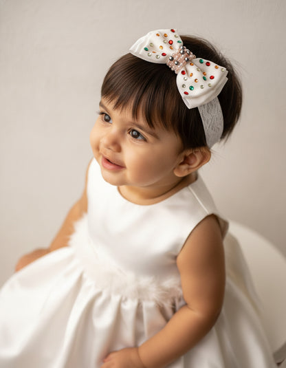 Choko Triple Layered Bow Headband & Girls Off White, Crystals & Pearls for Girls - Choko