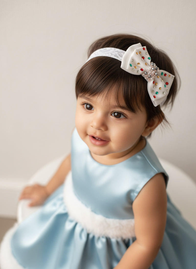 Choko Triple Layered Bow Headband & Girls Off White, Crystals & Pearls for Girls - Choko
