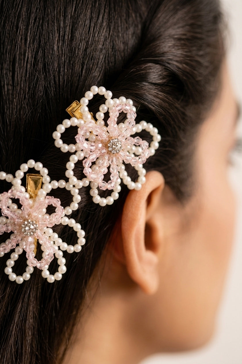 Crystal & Pearls Embellished Flower Hair Clip (Pair) - Off White & Pink - Choko