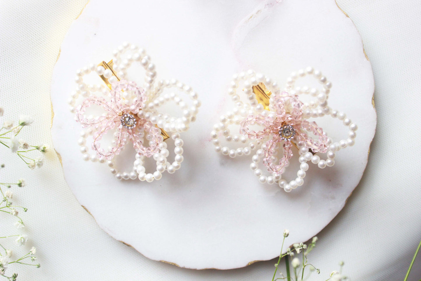 Crystal & Pearls Embellished Flower Hair Clip (Pair) - Off White & Pink - Choko