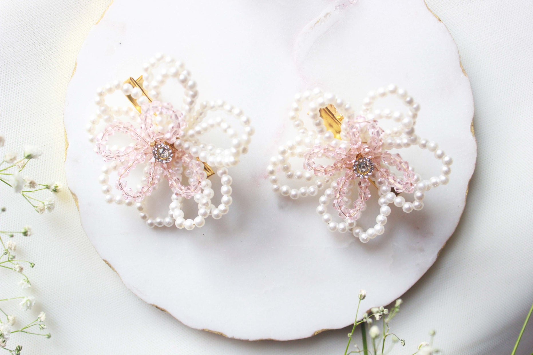 Crystal & Pearls Embellished Flower Hair Clip (Pair) - Off White & Pink - Choko