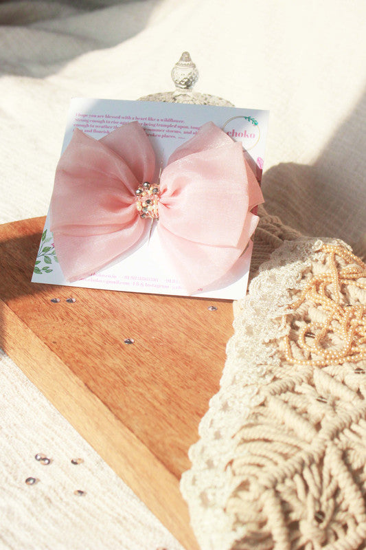 Mademoiselle Peach Statement Bow Hair Clip for Girls & Kids - Mesh & Pearls Choko