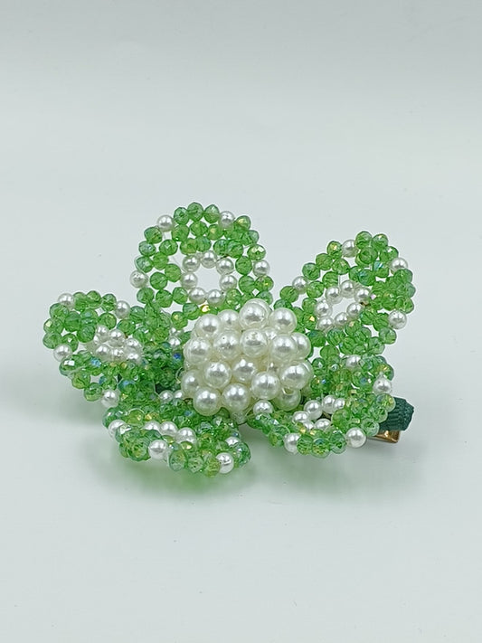 Green Floral Crystal Hair Clip for Girls & Kids - Handmade Pearl Accessory - Choko