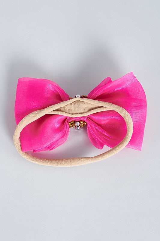 Triple Layered Beads & Pearl Accent Bow Headband for Babies – Pink & Gold (Choko)