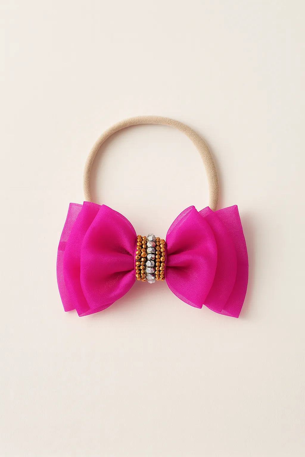 Triple Layered Beads & Pearl Accent Bow Headband for Babies - Pink & Gold (Choko) - Choko