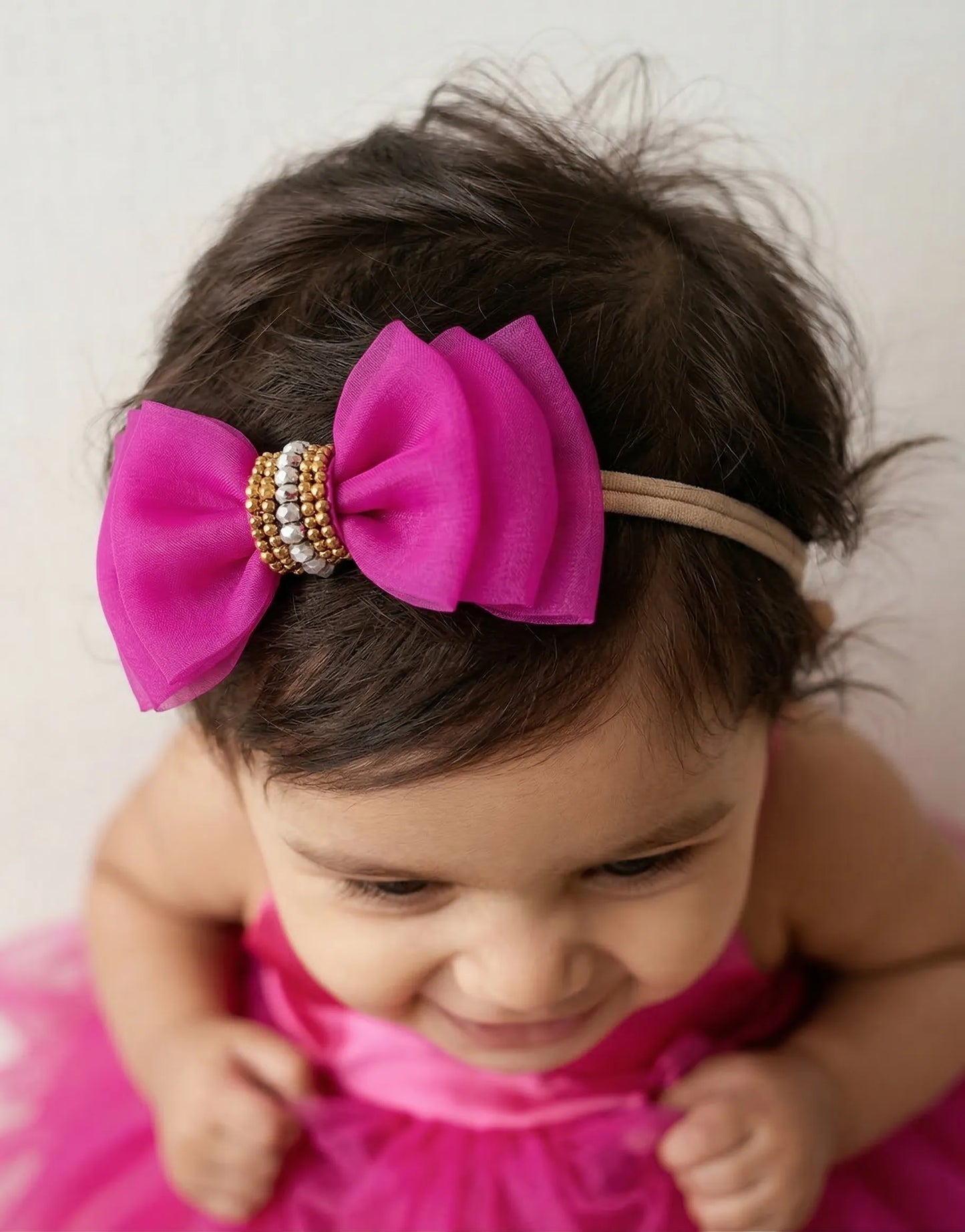 Triple Layered Beads & Pearl Accent Bow Headband for Babies - Pink & Gold (Choko) - Choko
