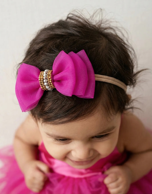 Triple Layered Beads & Pearl Accent Bow Headband for Babies - Pink & Gold (Choko) - Choko