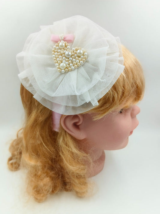 Mesh Hairband with Pearl Heart for Girls & Kids - White & Pink Accents Choko
