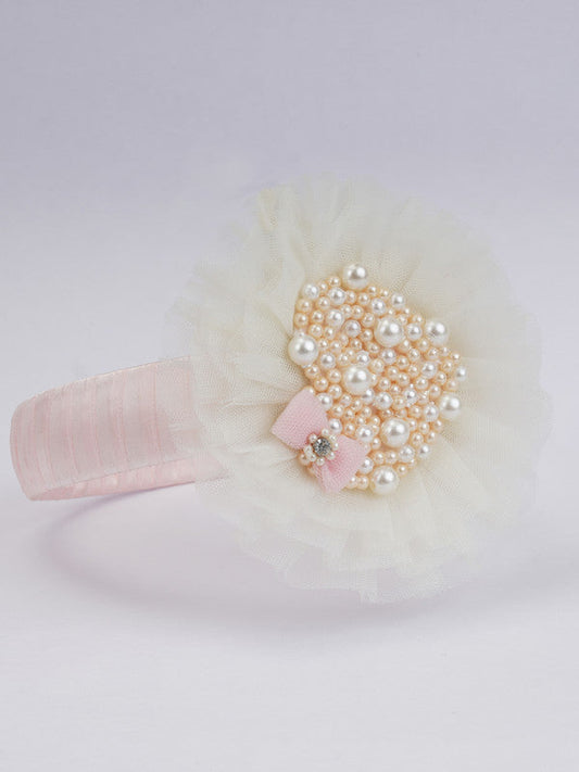 Mesh Hairband with Pearl Heart for Girls & Kids - White & Pink Accents Choko