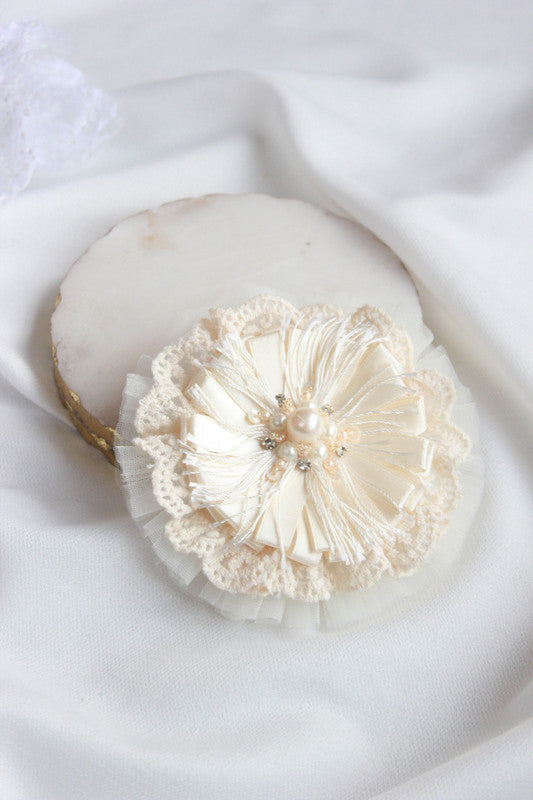 Exquisite Blossom Satin, Tulle & Lace Hair Clip for Girls & Kids - Beige Statement Choko