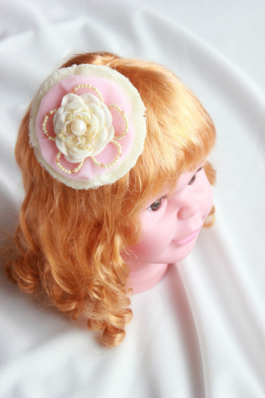 Royal Efflorescence Satin & Lace Statement Hair Clip for Girls & Kids - White & Pink Choko