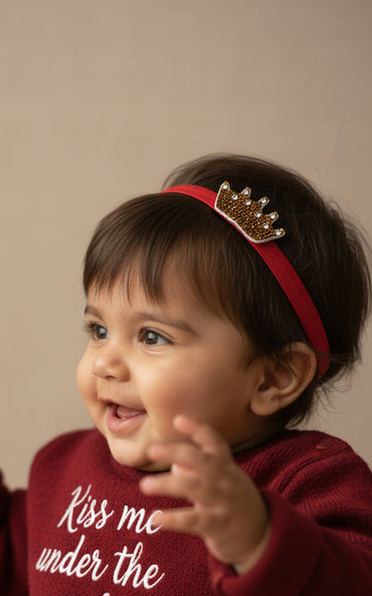 Golden Baby Crown Crystal Hair Band for Babies - Red Elastic - Choko
