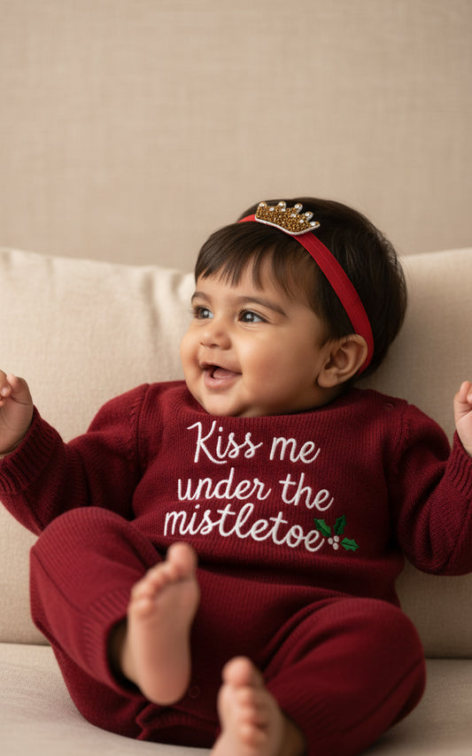 Golden Baby Crown Crystal Hair Band for Babies - Red Elastic