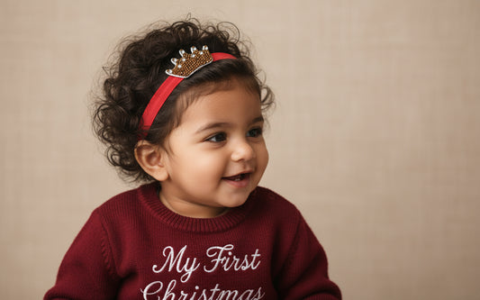 Golden Baby Crown Crystal Hair Band for Babies - Red Elastic