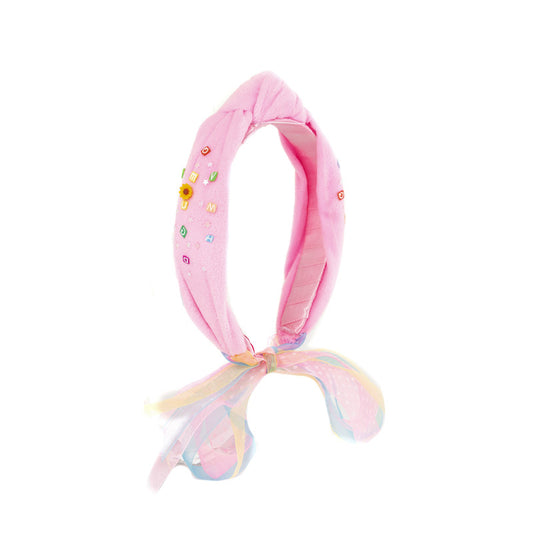 Choko Girls' Whimsical Pink Knot Headband - Pastel Embroidery & Sheer Ribbon