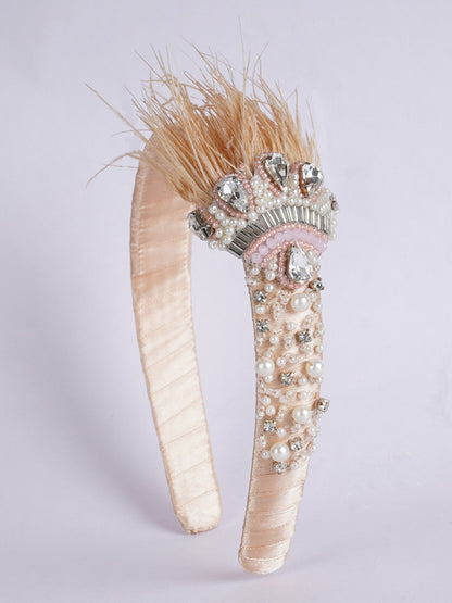 Crowned Beauty Hair Band - Feathers, Crystals, Pearls - Princess Inspired - Beige/Light Brown/Cream/Off White/Clear