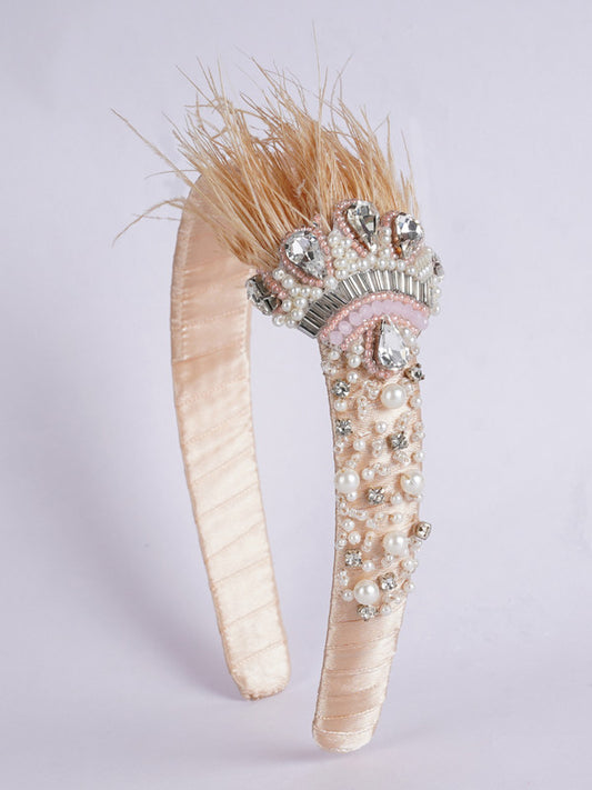 Crowned Beauty Hair Band - Feathers, Crystals, Pearls - Princess Inspired - Beige/Light Brown/Cream/Off White/Clear