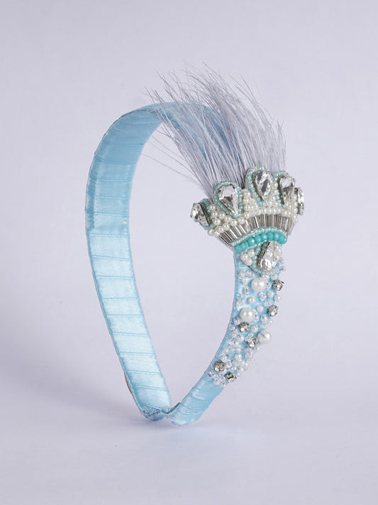 Crowned Beauty Hair Band - Feathers, Crystals, Pearls - Princess Inspired - Deep Blue/Royal Blue/Sky Blue