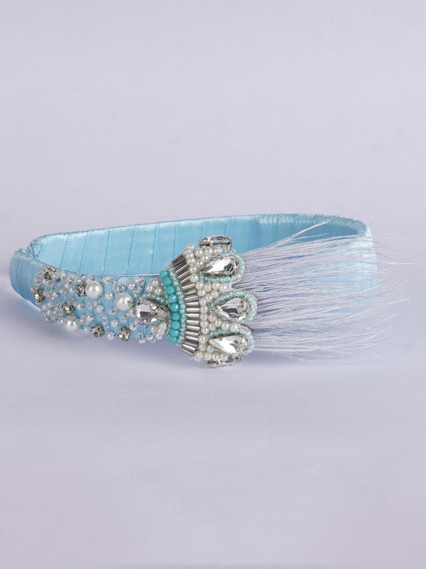 Crowned Beauty Hair Band - Feathers, Crystals, Pearls - Princess Inspired - Deep Blue/Royal Blue/Sky Blue