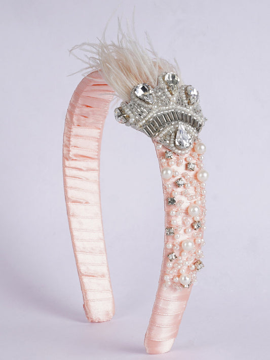 Crowned Beauty Hair Band - Feathers, Crystals, Pearls - Princess Inspired - Peach/Silver/Pearl/White