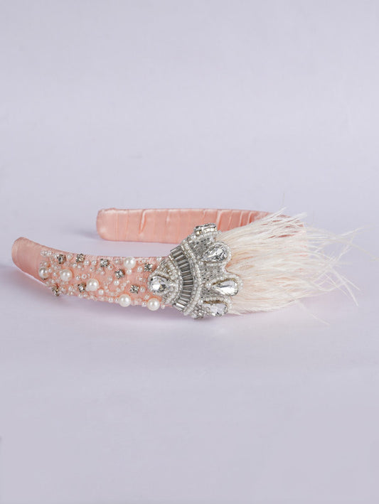 Crowned Beauty Hair Band - Feathers, Crystals, Pearls - Princess Inspired - Peach/Silver/Pearl/White
