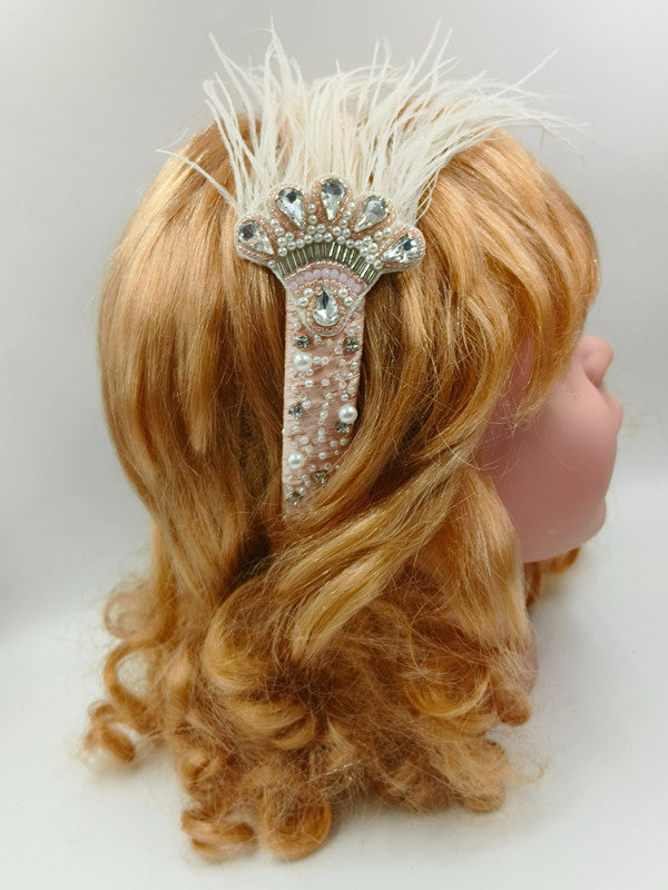 Crowned Beauty Hair Band - Feathers, Crystals, Pearls - Princess Inspired - Peach/Silver/Pearl/White