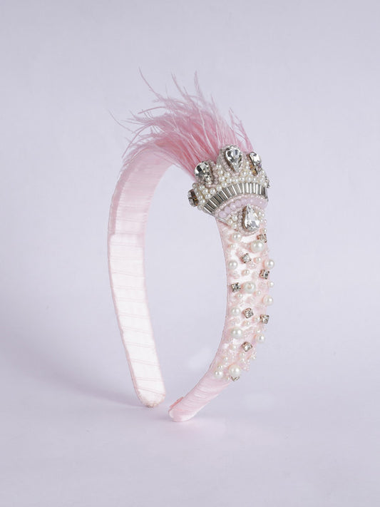 Crowned Beauty Hair Band - Feathers, Crystals, Pearls - Princess Inspired - Peach/Silver/Pearl/White