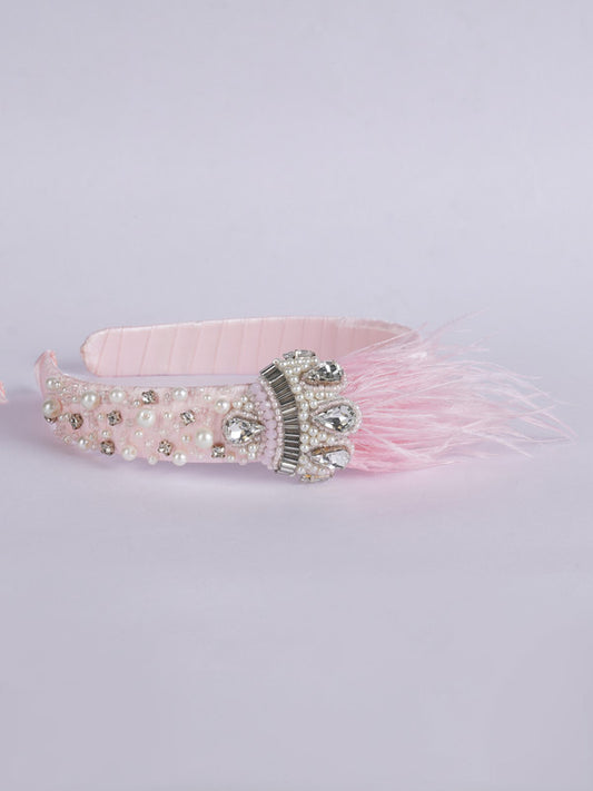 Crowned Beauty Hair Band - Feathers, Crystals, Pearls - Princess Inspired - Peach/Silver/Pearl/White