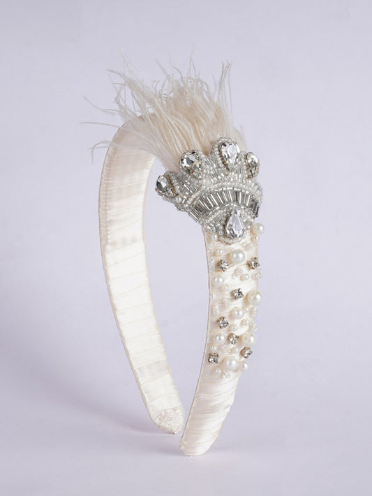 Crowned Beauty Hair Band - Feathers, Crystals, Pearls - Princess Inspired - Pristine White/Silver/Crystal Clear