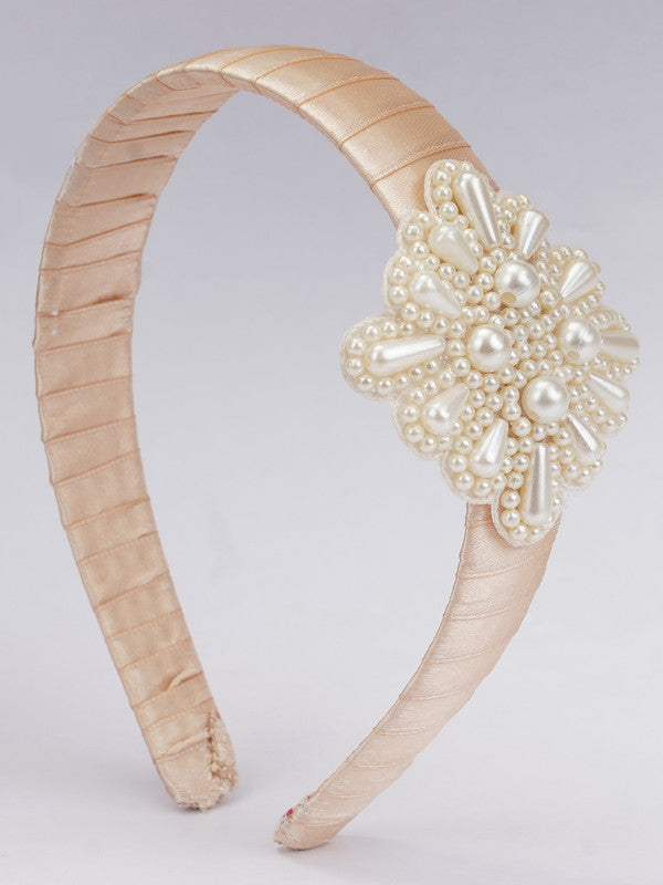 Gold-Toned Brown Hairband - Teardrop Pearls - Celestial Ballet - Brown/Cream
