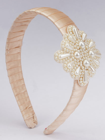 Gold-Toned Brown Hairband - Teardrop Pearls - Celestial Ballet - Brown/Cream