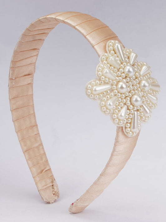 Gold-Toned Brown Hairband - Teardrop Pearls - Celestial Ballet - Brown/Cream