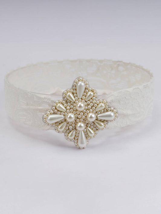 Choko - Pearl Net Stretchable Hair Band - Teardrop Pearls - Elegant Pattern - Off-White/Pearly White