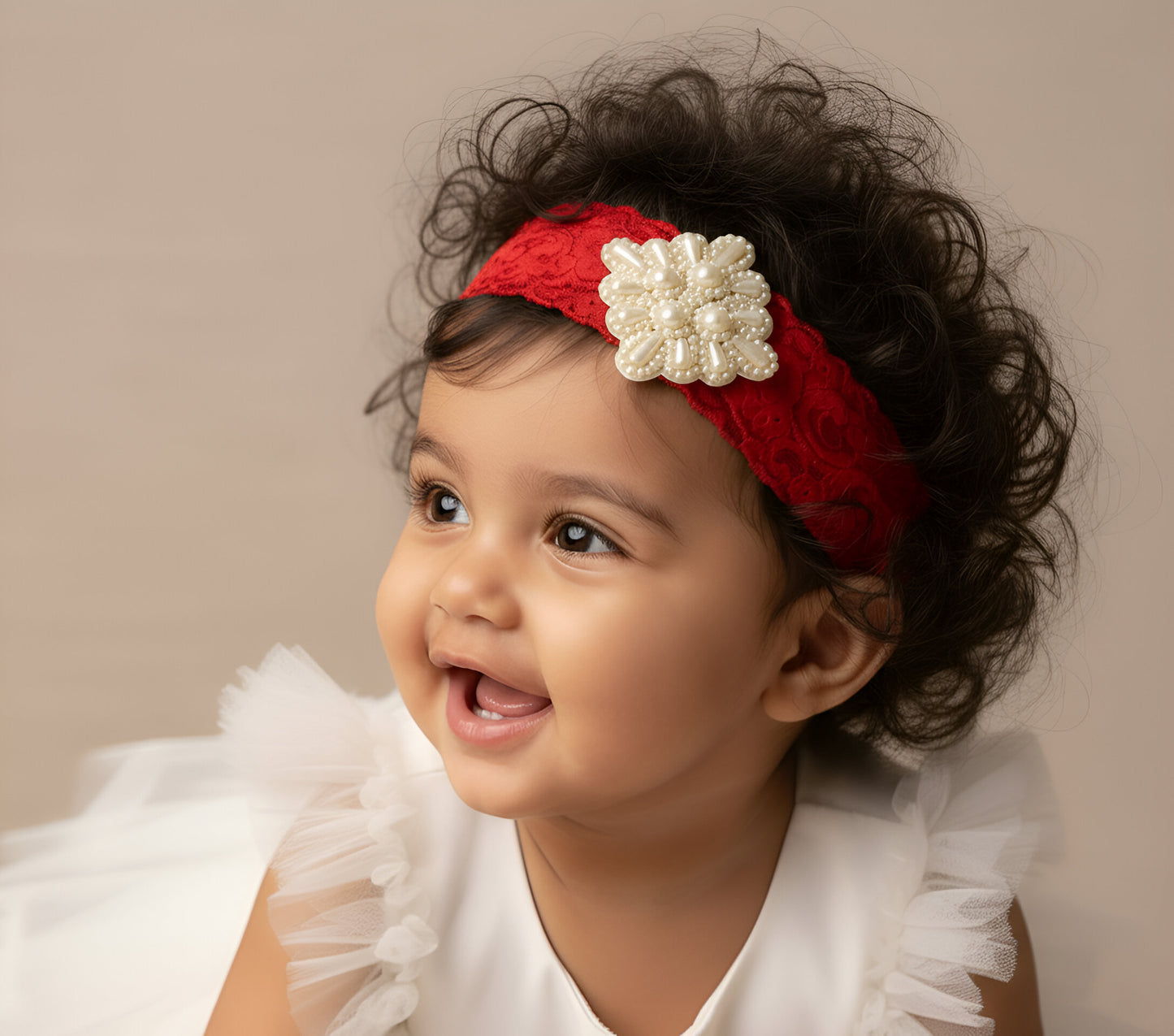 Choko Christmas Premium Lace Headband for Baby Girls - Festive Red & Pearl Embellished Accessory