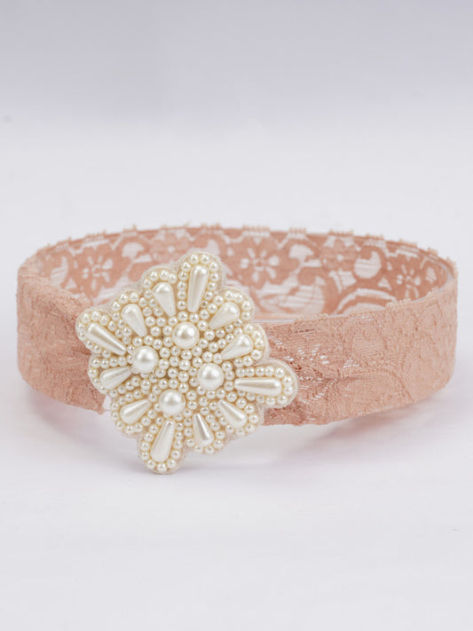 Brown Lace Net Headband for Babies – Teardrop Pearls & Stellar Design (Choko)