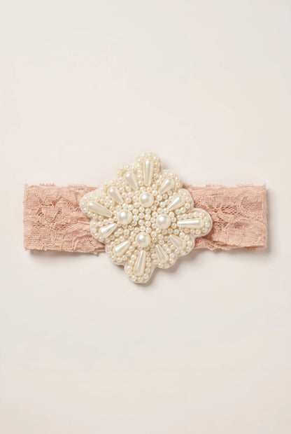 Brown Lace Net Headband for Babies - Teardrop Pearls & Stellar Design (Choko) - Choko