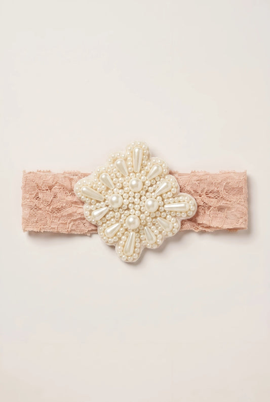 Brown Lace Net Headband for Babies - Teardrop Pearls & Stellar Design (Choko) - Choko