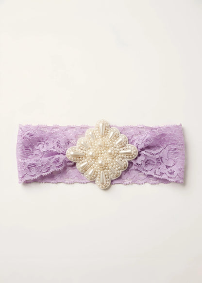 Purple Lace Net Hair Band - Teardrop Pearls - Regal Elegance - Purple - Choko