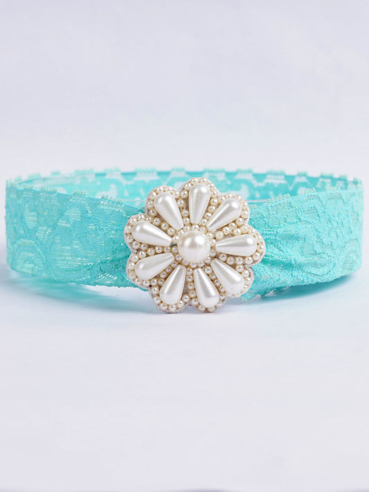 Floral Green Lace Net Hair Band - Teardrop Pearls - Floral Pattern - Vibrant Floral Green